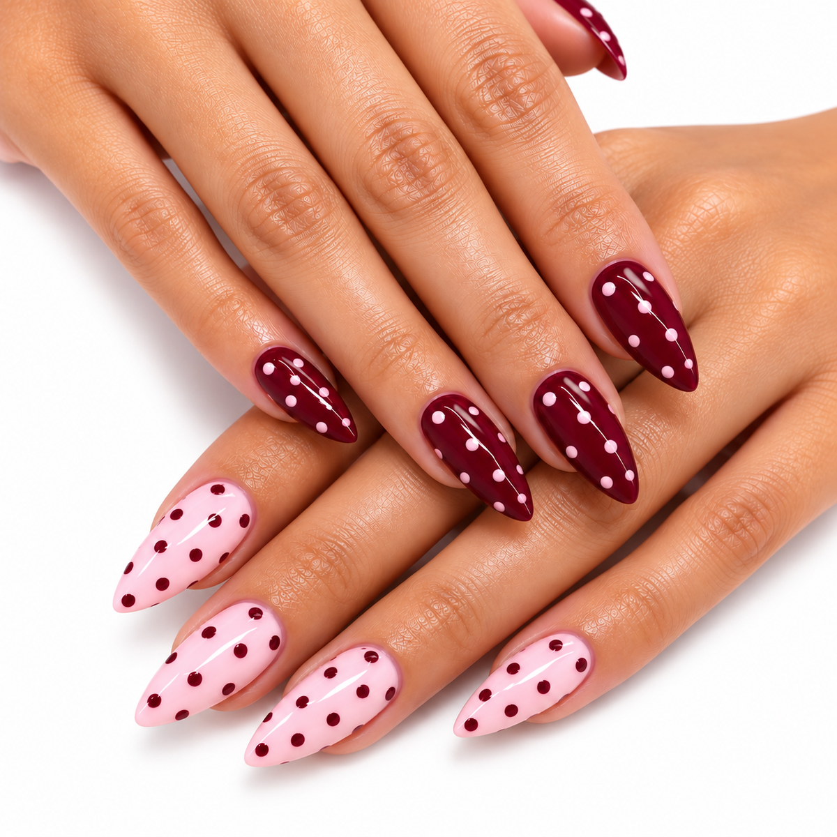 Burgundy and Blush Polka Dot Press on Nails