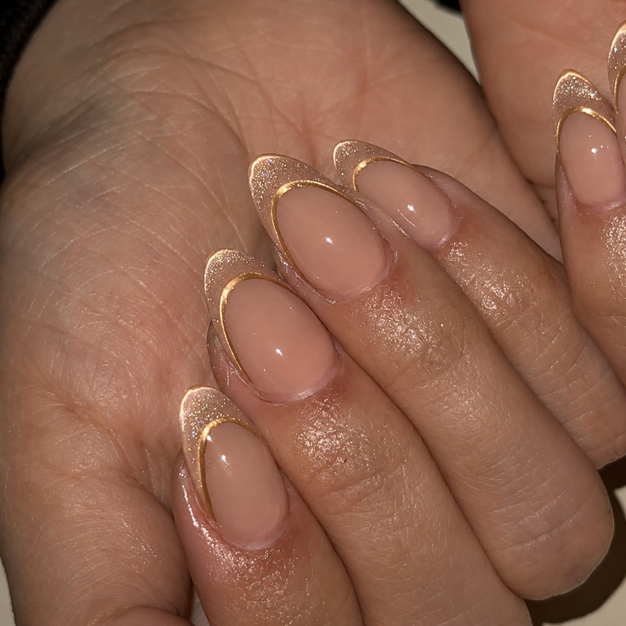 Gold Glitter French Tip with Gold Border in Warm Nude Press-On Nails