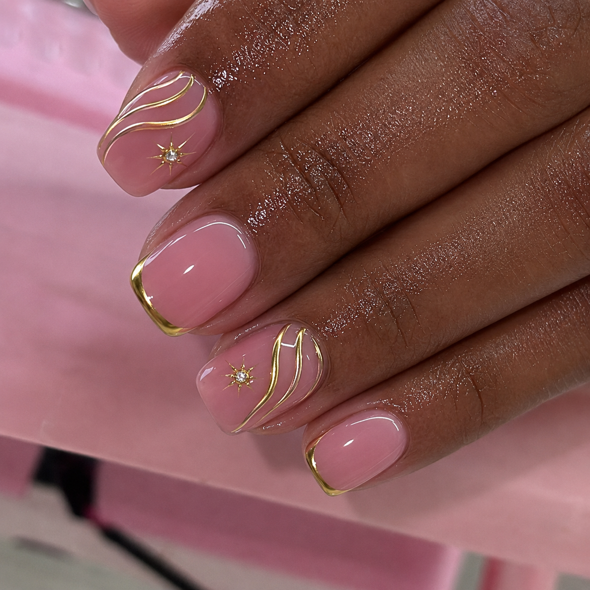 Baby Pink Gold Frame 3D Swirl Crystal Press-On Nails