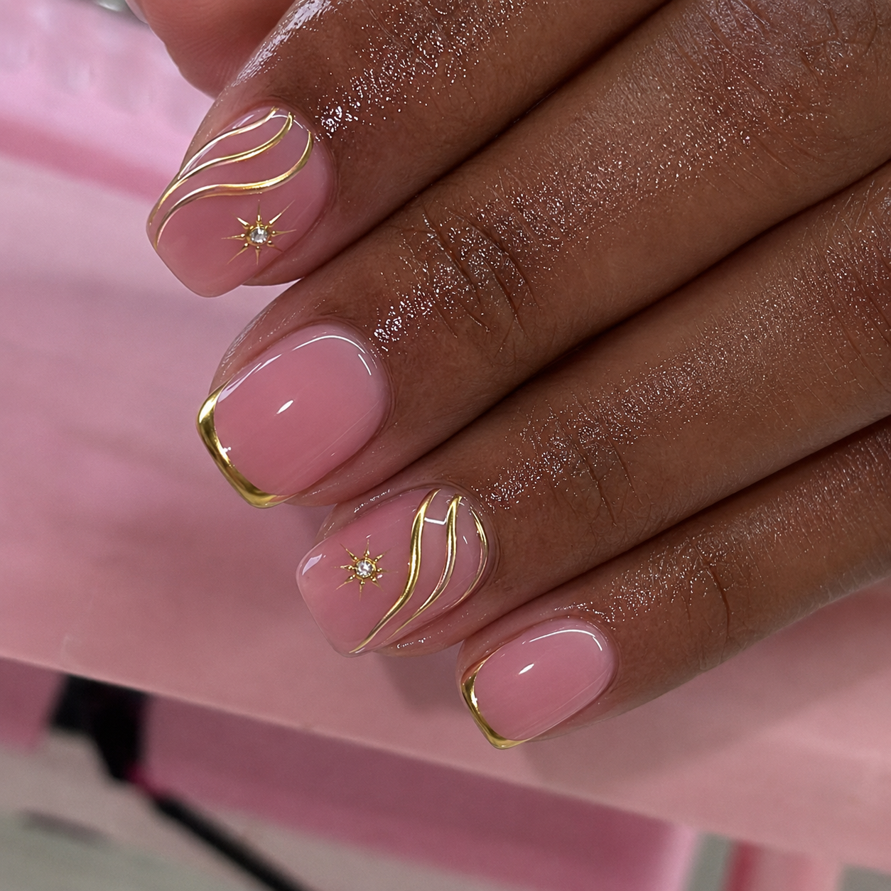 Baby Pink Gold Frame 3D Swirl Crystal Press-On Nails