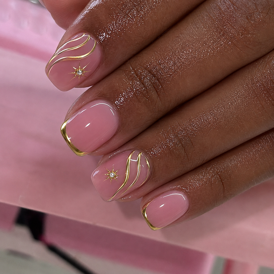 Baby Pink Gold Frame 3D Swirl Crystal Press-On Nails