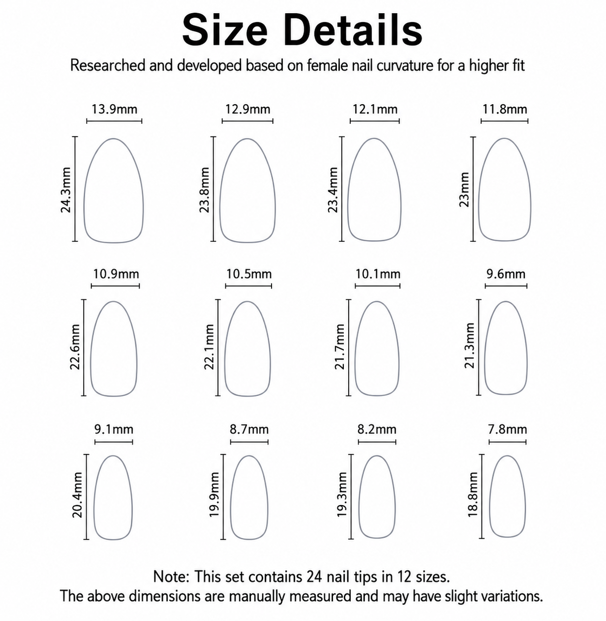 Blush Pink Snowflake Gold Glitter French Tip Press-On Nails Size Chart