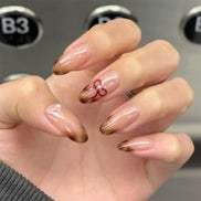 Nude Brown Smoke Tip Red Bow Pearl Press-On Nails