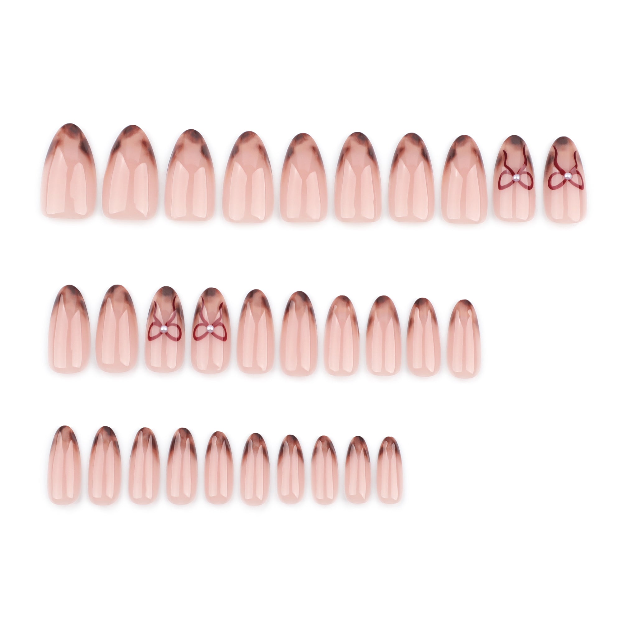 Nude Brown Smoke Tip Red Bow Pearl Press-On Nails