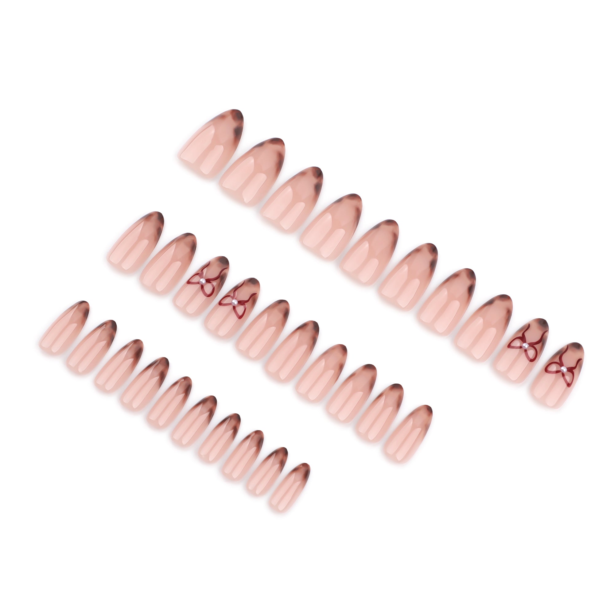 Nude Brown Smoke Tip Red Bow Pearl Press-On Nails