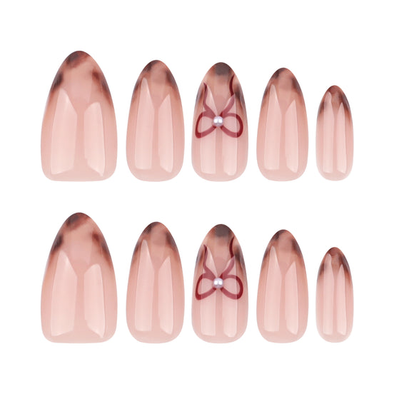 Nude Brown Smoke Tip Red Bow Pearl Press-On Nails