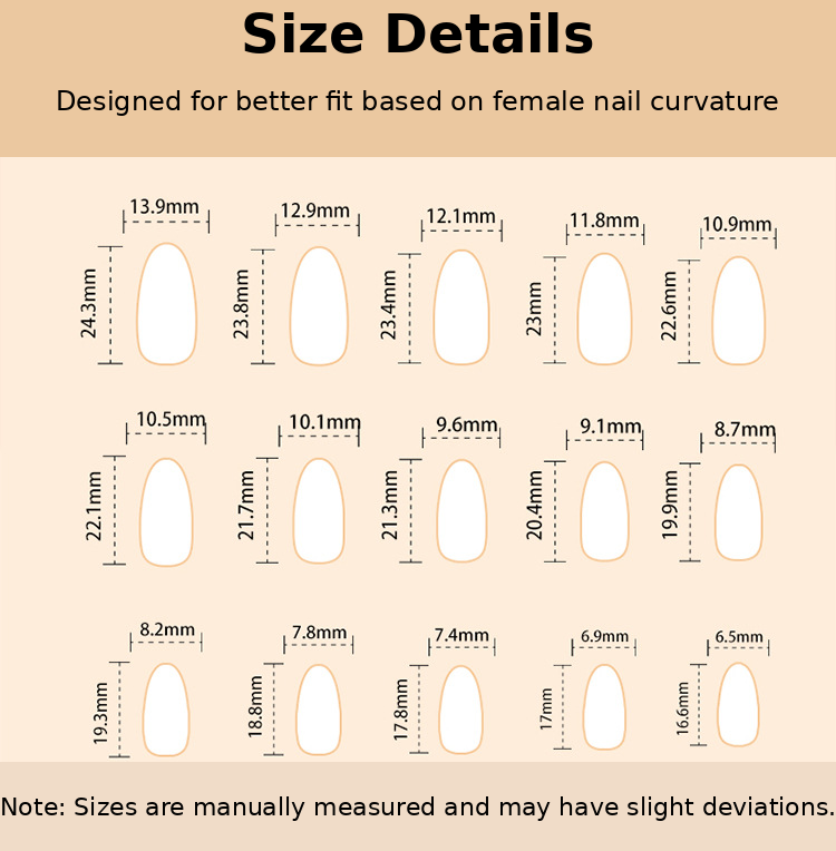Nude Brown Smoke Tip Red Bow Pearl Press-On Nails Size Chart