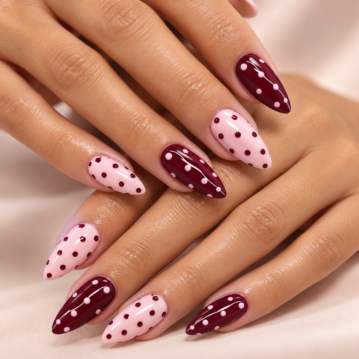 Burgundy and Blush Polka Dot Press on Nails