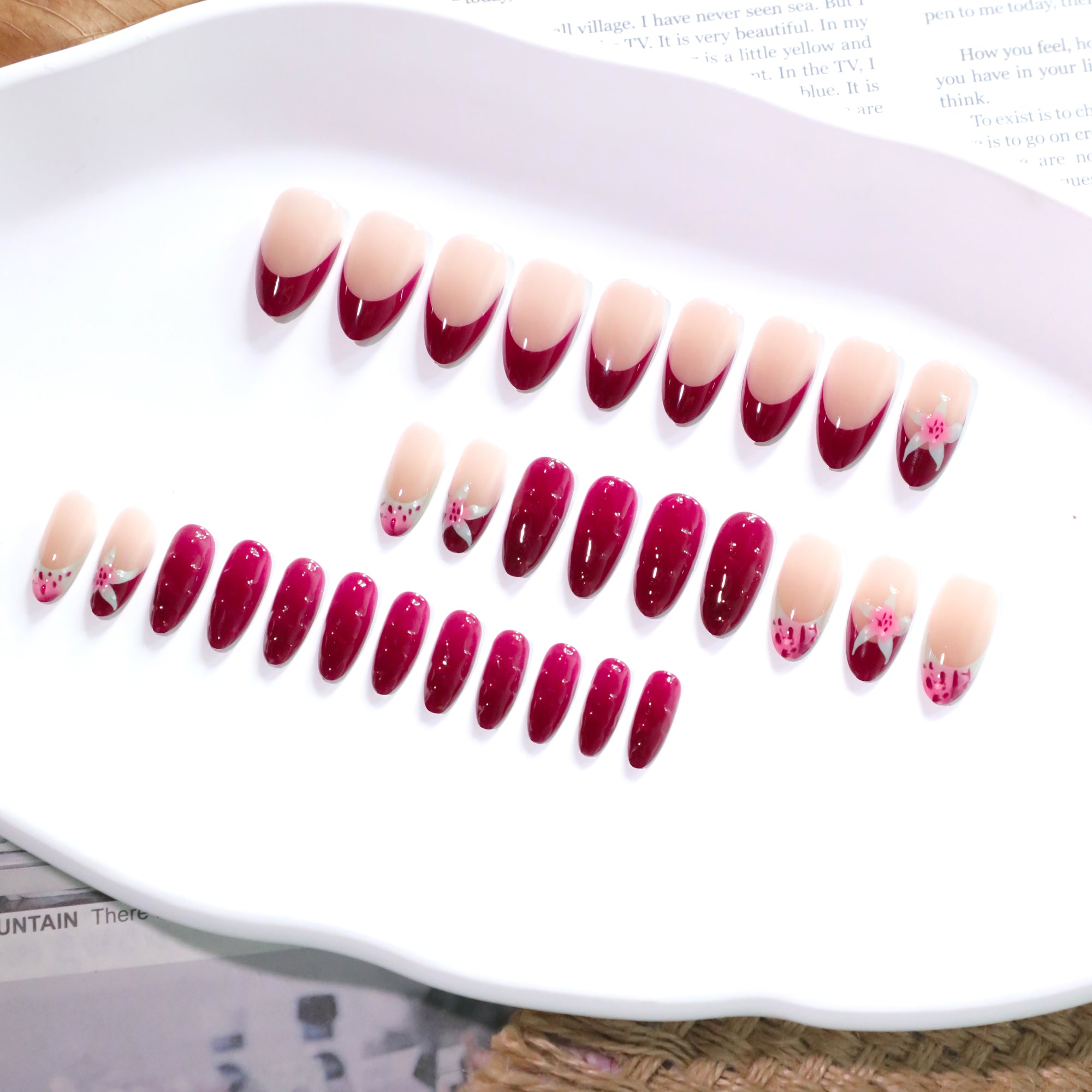 Deep Crimson Floral Nude French Tip Press-On Nails