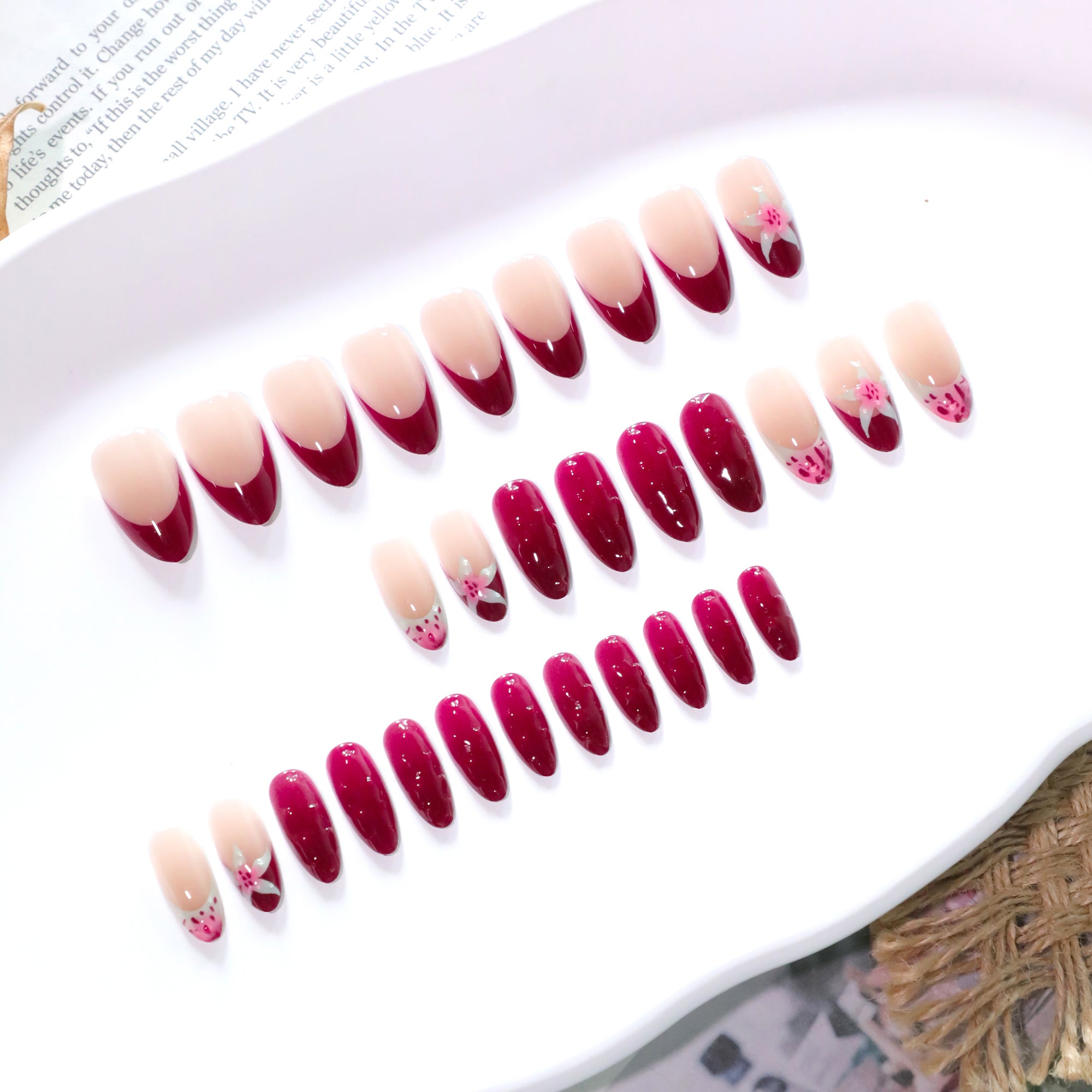 Deep Crimson Floral Nude French Tip Press-On Nails