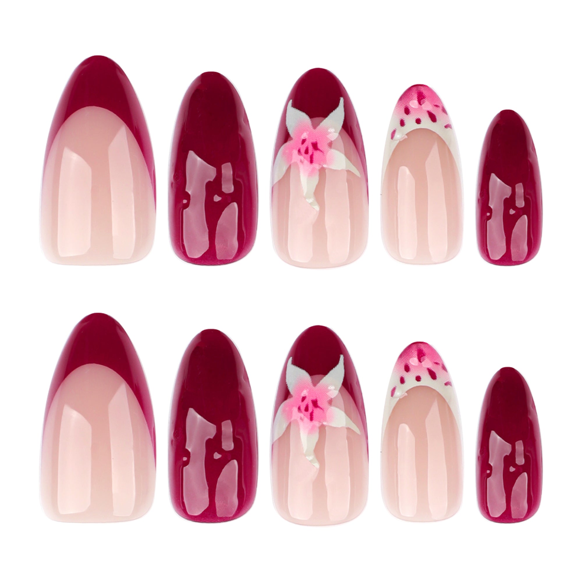 Deep Crimson Floral Nude French Tip Press-On Nails