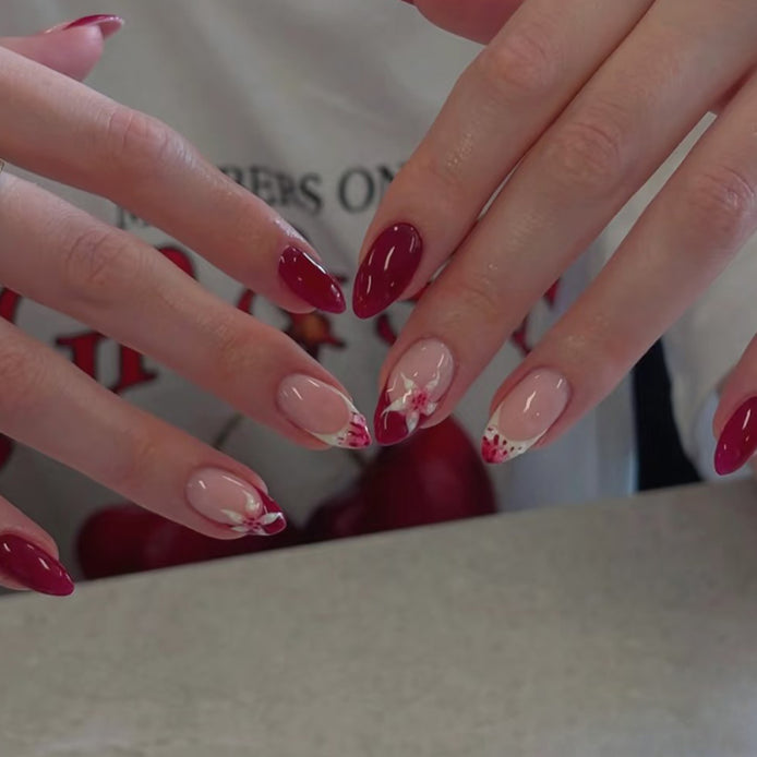 Deep Crimson Floral Nude French Tip Press-On Nails
