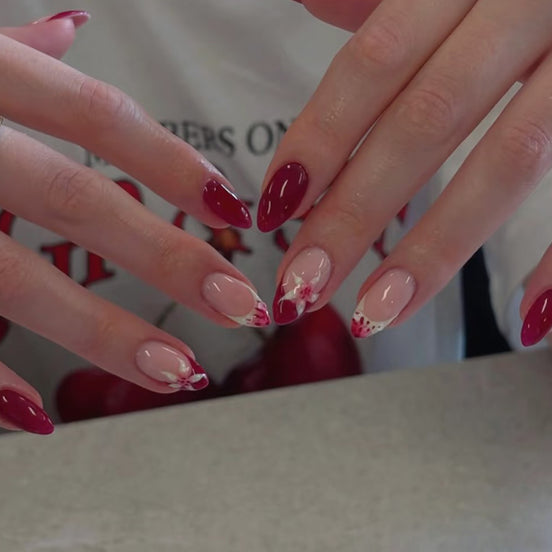 Deep Crimson Floral Nude French Tip Press-On Nails
