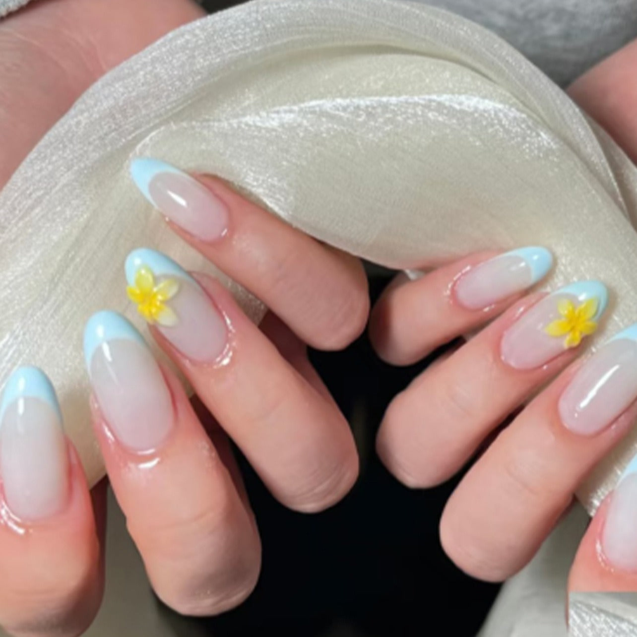 Nude Baby Blue French Tip Yellow Plumeria Flower Press-On Nails