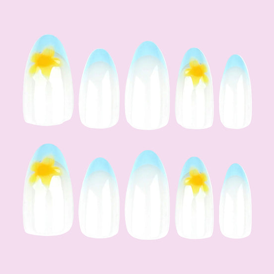 Nude Baby Blue French Tip Yellow Plumeria Flower Press-On Nails