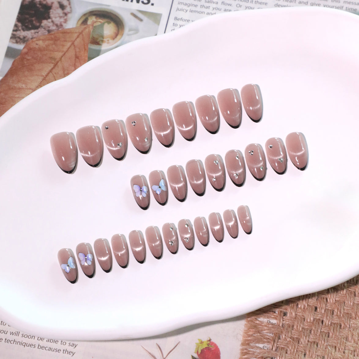 Nude Black French Tip Silver Butterfly Rhinestone Press-On Nails