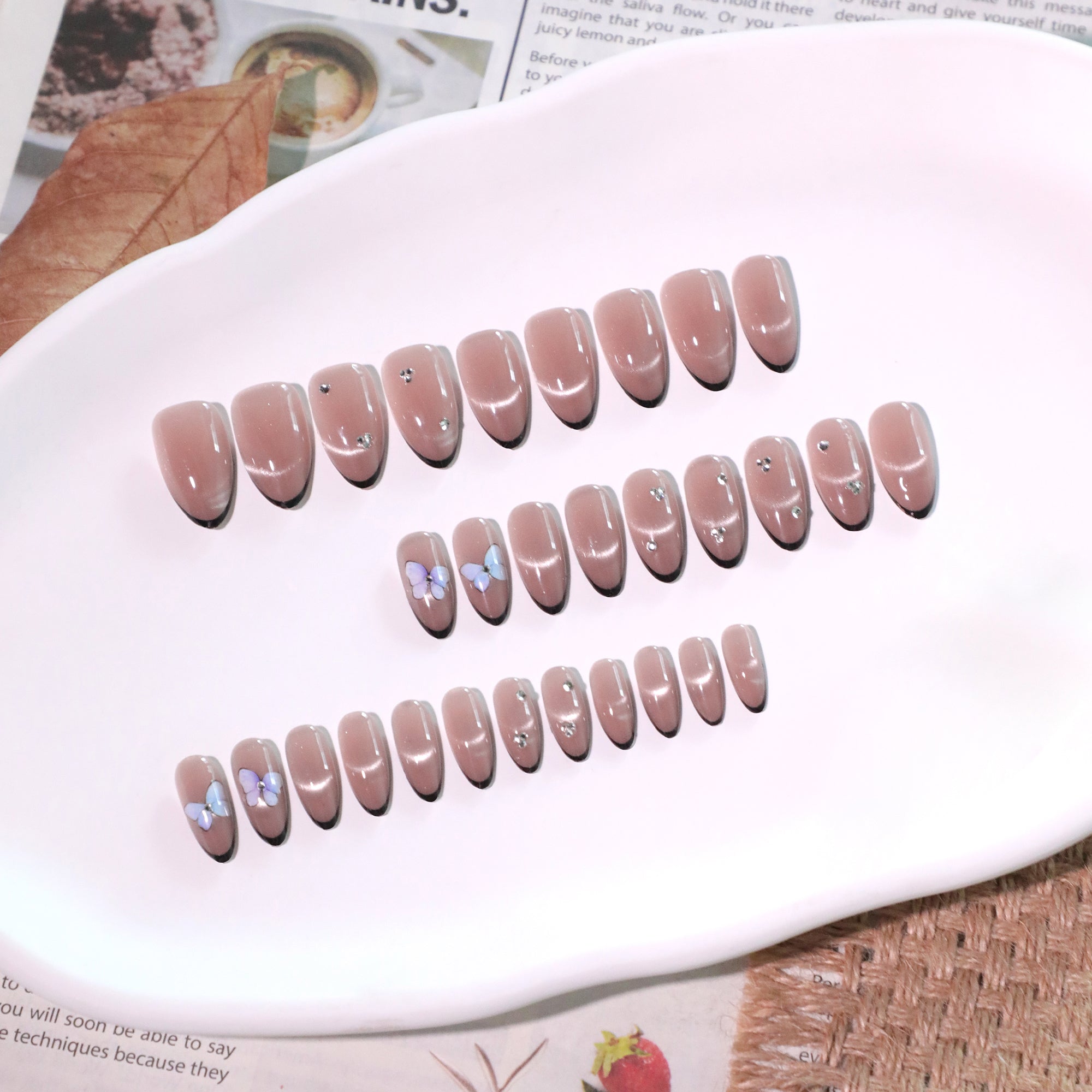 Nude Black French Tip Silver Butterfly Rhinestone Press-On Nails