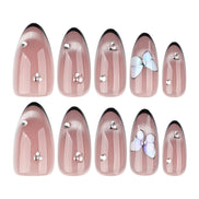 Nude Black French Tip Silver Butterfly Rhinestone Press-On Nails