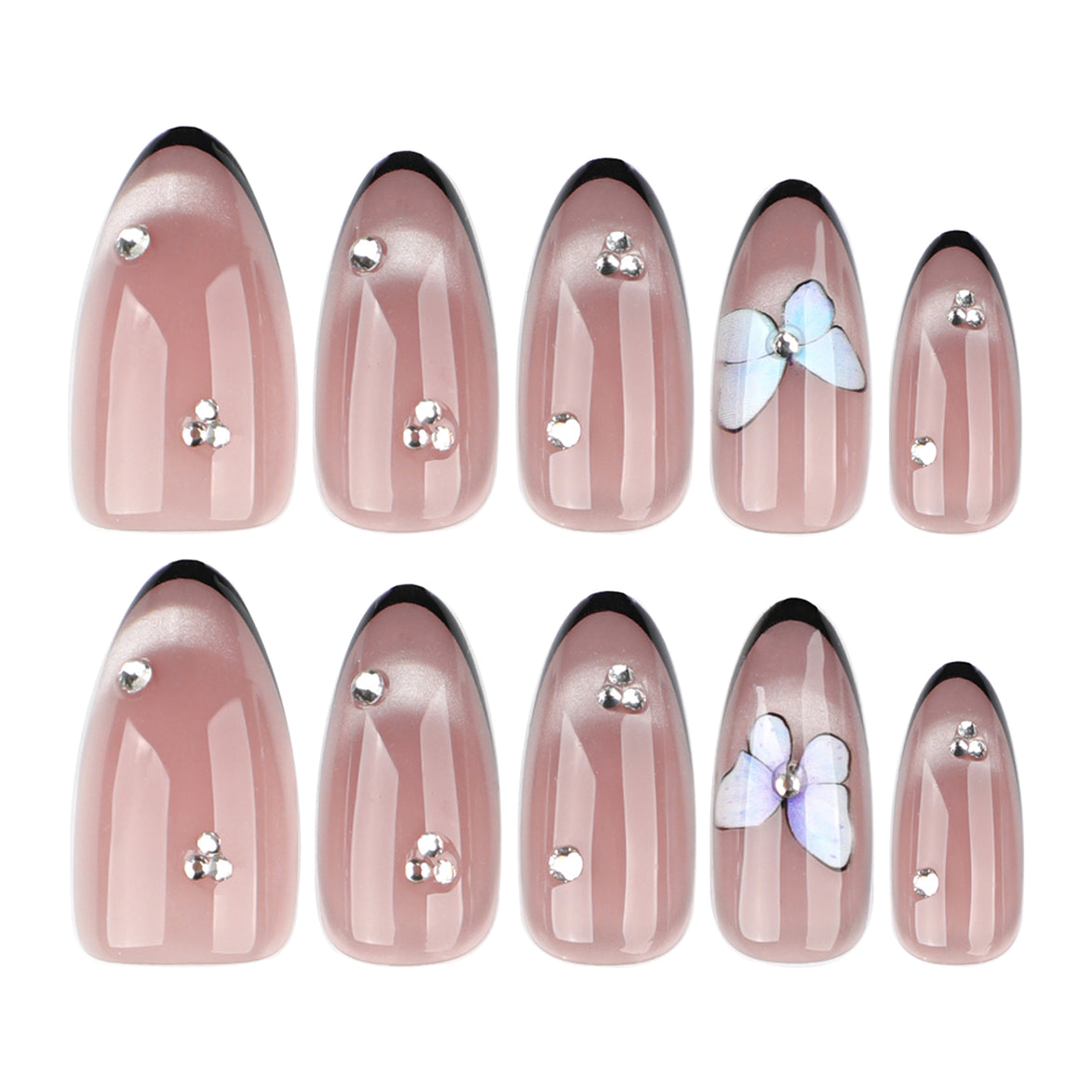 Nude Black French Tip Silver Butterfly Rhinestone Press-On Nails