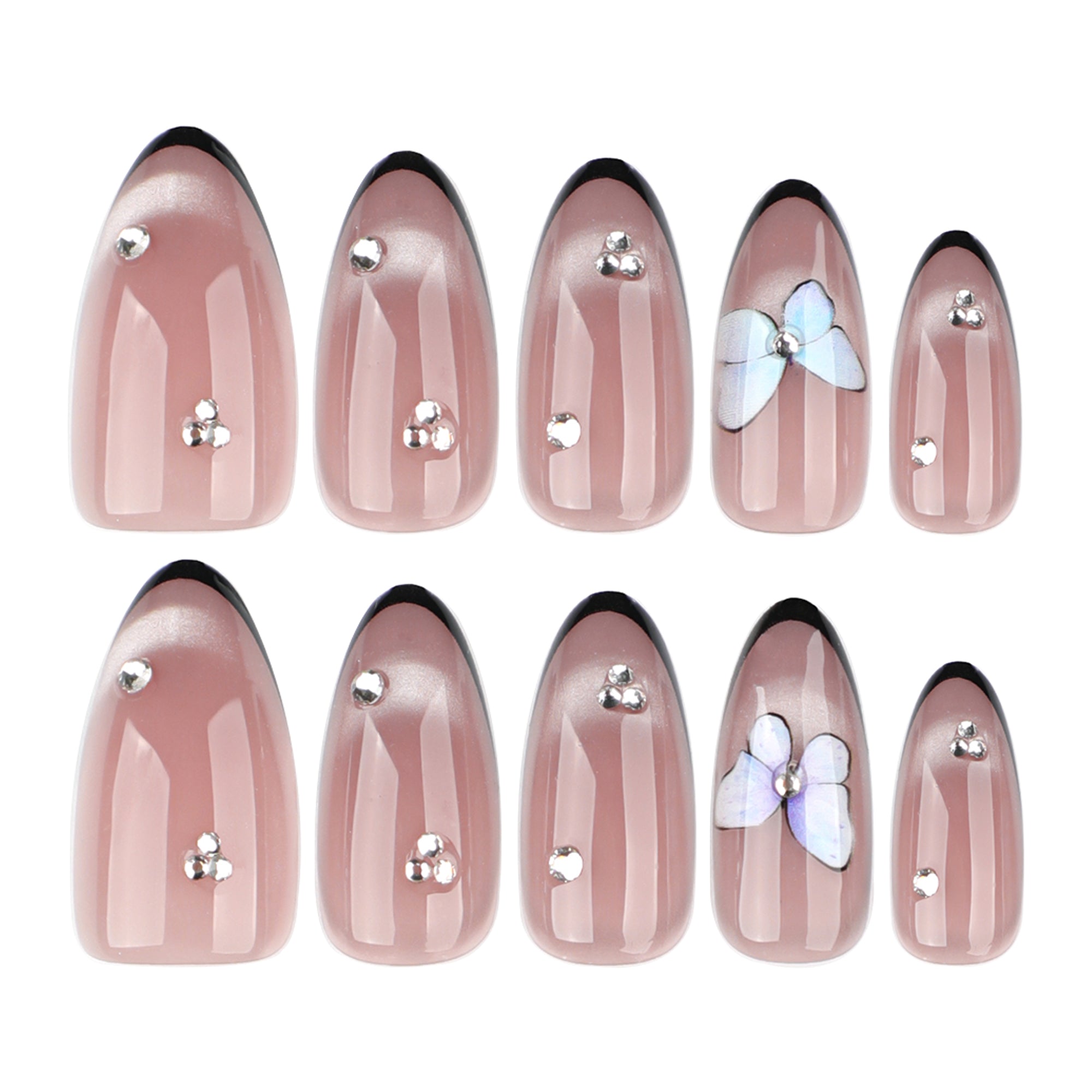 Nude Black French Tip Silver Butterfly Rhinestone Press-On Nails