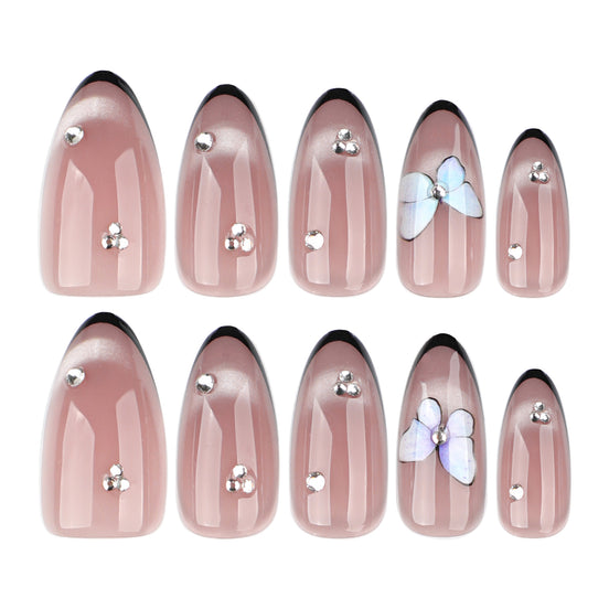 Nude Black French Tip Silver Butterfly Rhinestone Press-On Nails