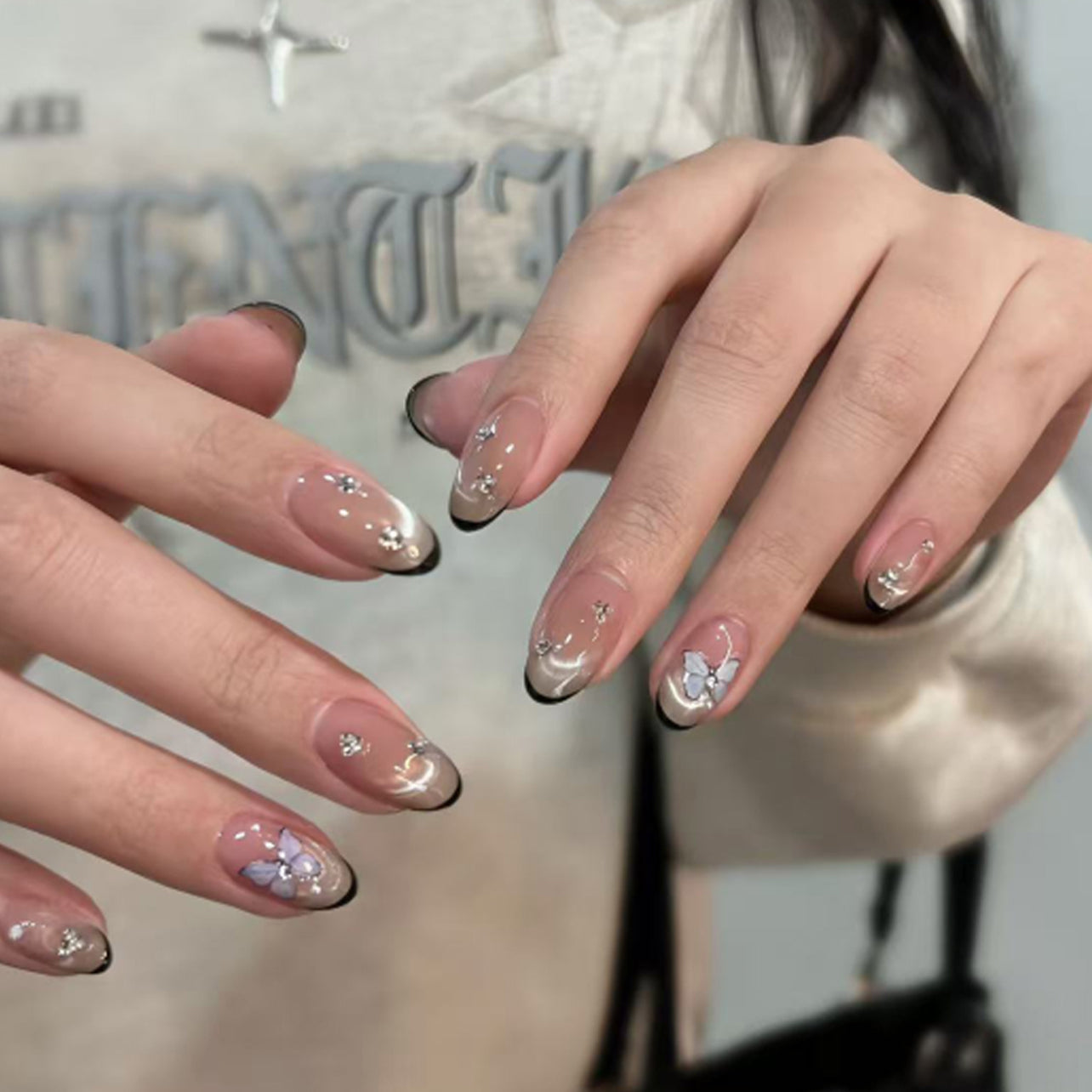 Nude Black French Tip Silver Butterfly Rhinestone Press-On Nails