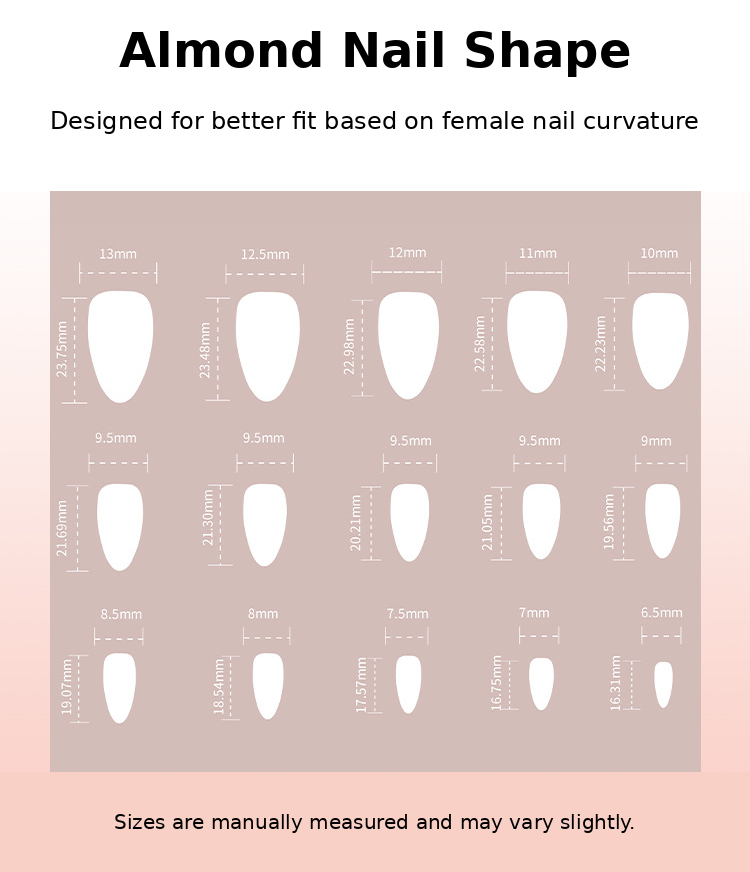 Nude Black French Tip Silver Butterfly Rhinestone Press-On Nails Size Chart
