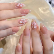 Sheer Nude Pink 3D Sakura Flower Rhinestone Press-On Nails