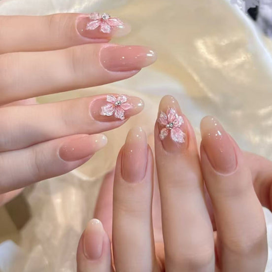 Sheer Nude Pink 3D Sakura Flower Rhinestone Press-On Nails