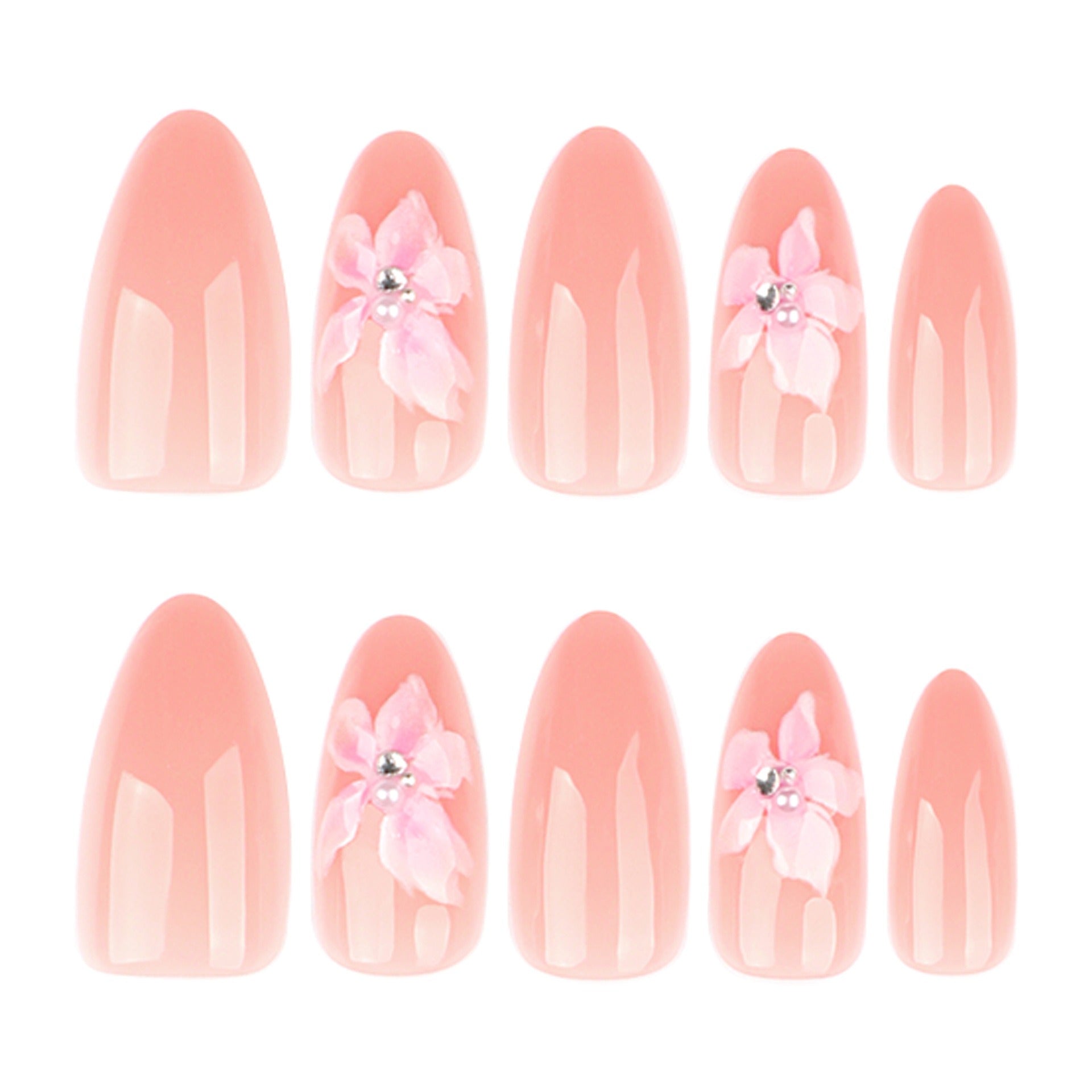 Sheer Nude Pink 3D Sakura Flower Rhinestone Press-On Nails