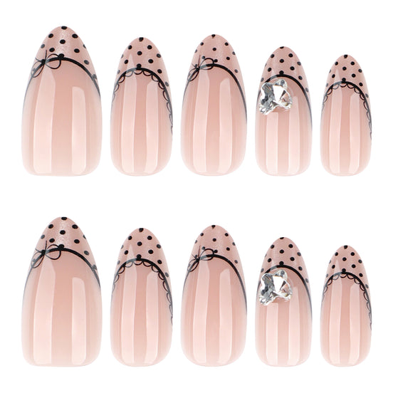 Nude Polka Dot Black Lace Bow French Tip Press-On Nails