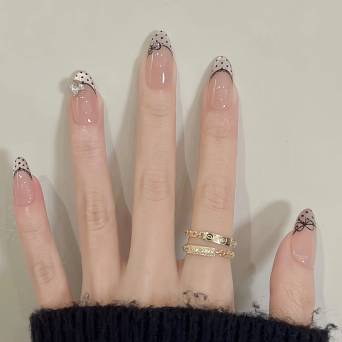 Nude Polka Dot Black Lace Bow French Tip Press-On Nails