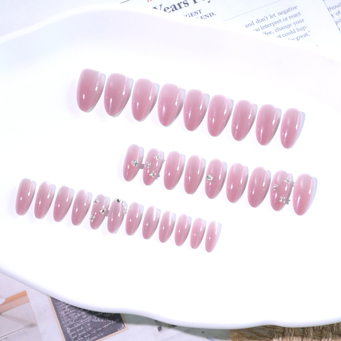 Dusty Pink Pearl Silver Crystal Press-On Nails