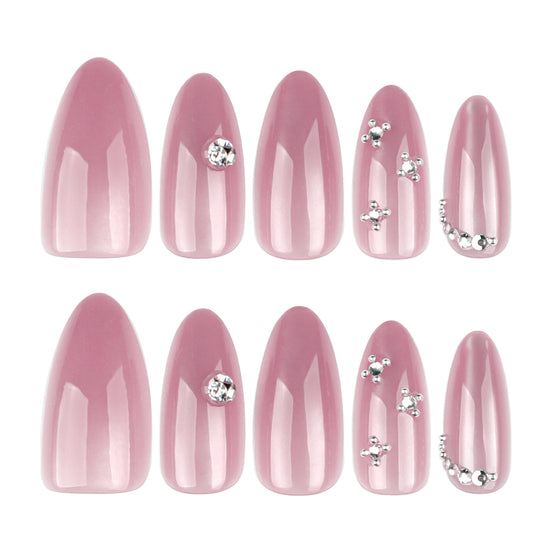 Dusty Pink Pearl Silver Crystal Press-On Nails