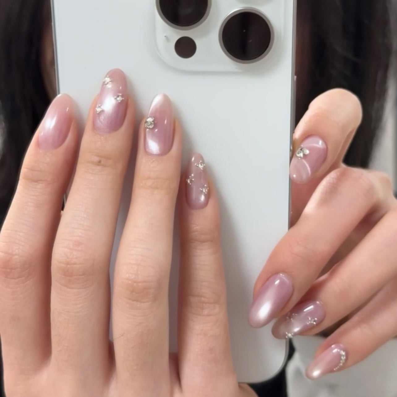 Dusty Pink Pearl Silver Crystal Press-On Nails