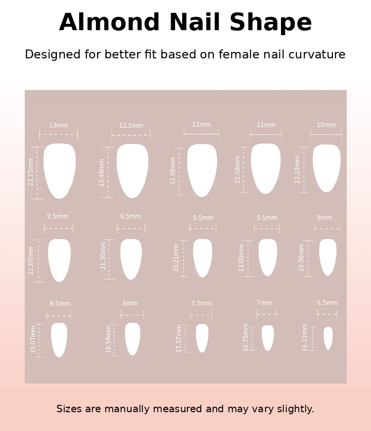 Dusty Pink Pearl Silver Crystal Press-On Nails Size Chart