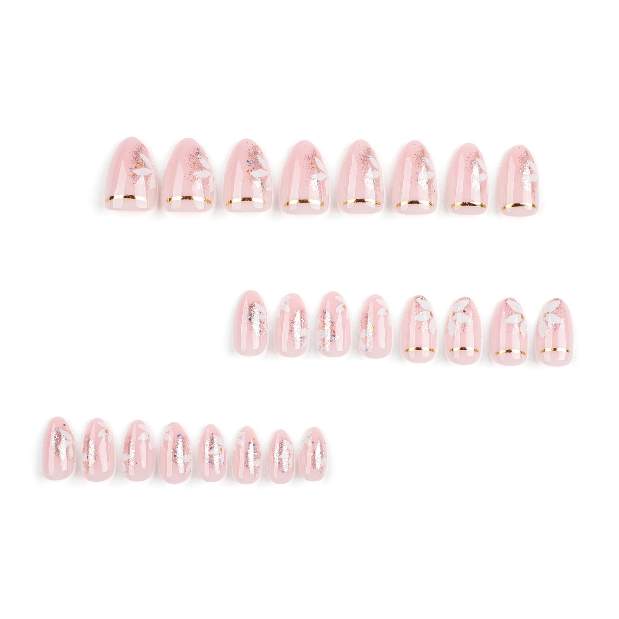 Baby Pink Butterfly Silver Glitter Gold Stripe Press-On Nails