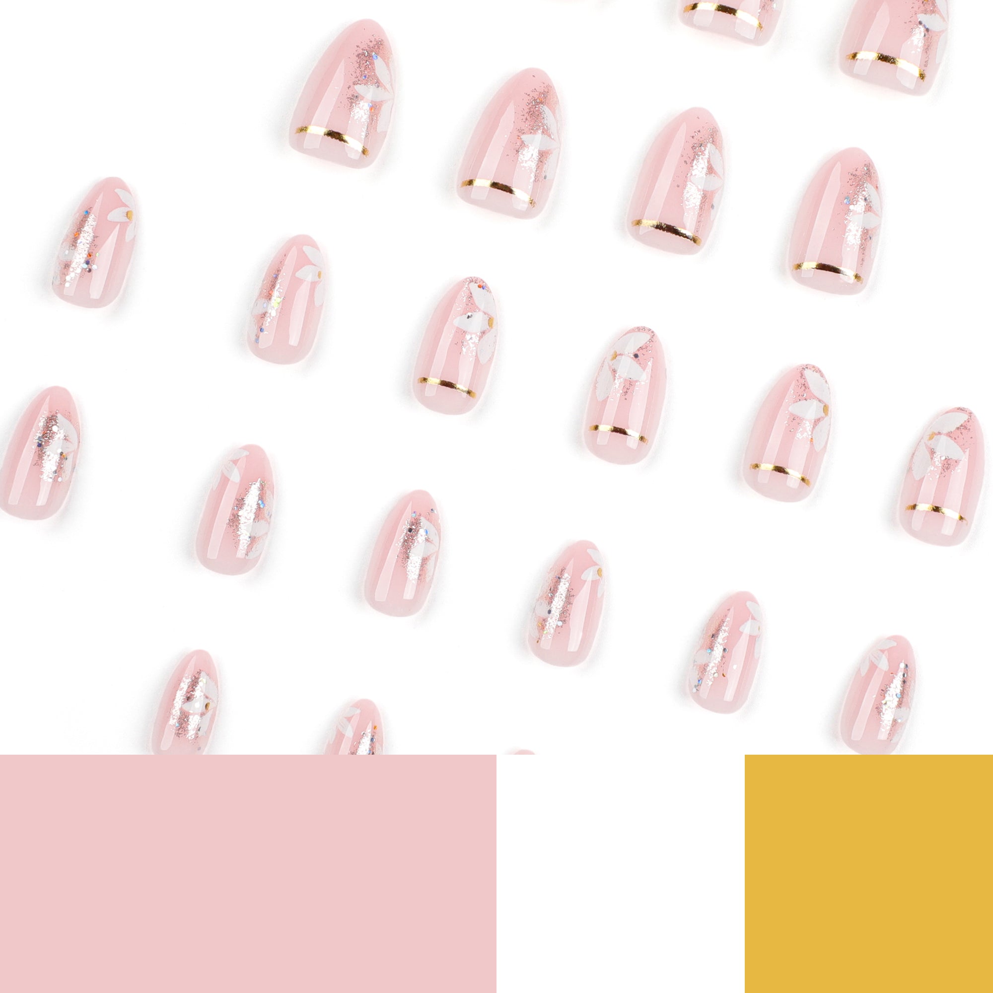 Baby Pink Butterfly Silver Glitter Gold Stripe Press-On Nails