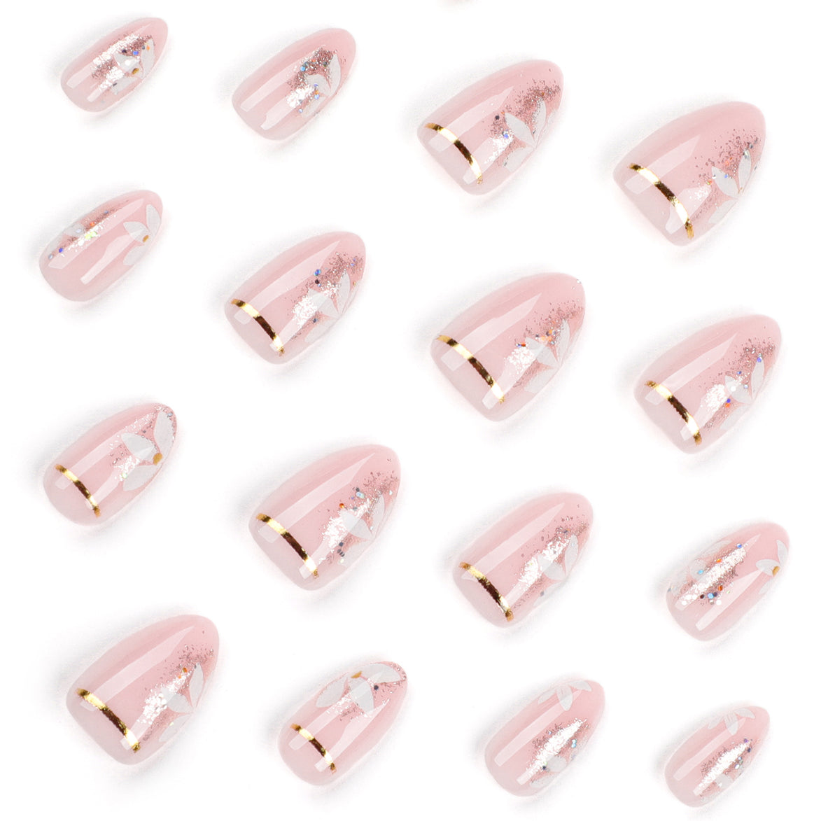 Baby Pink Butterfly Silver Glitter Gold Stripe Press-On Nails