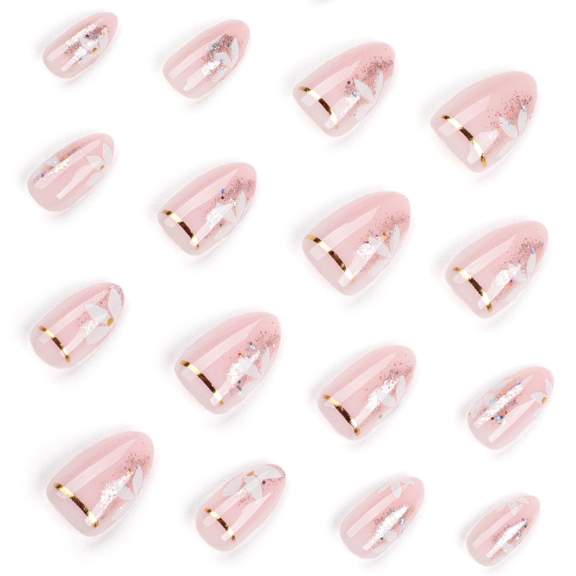 Baby Pink Butterfly Silver Glitter Gold Stripe Press-On Nails