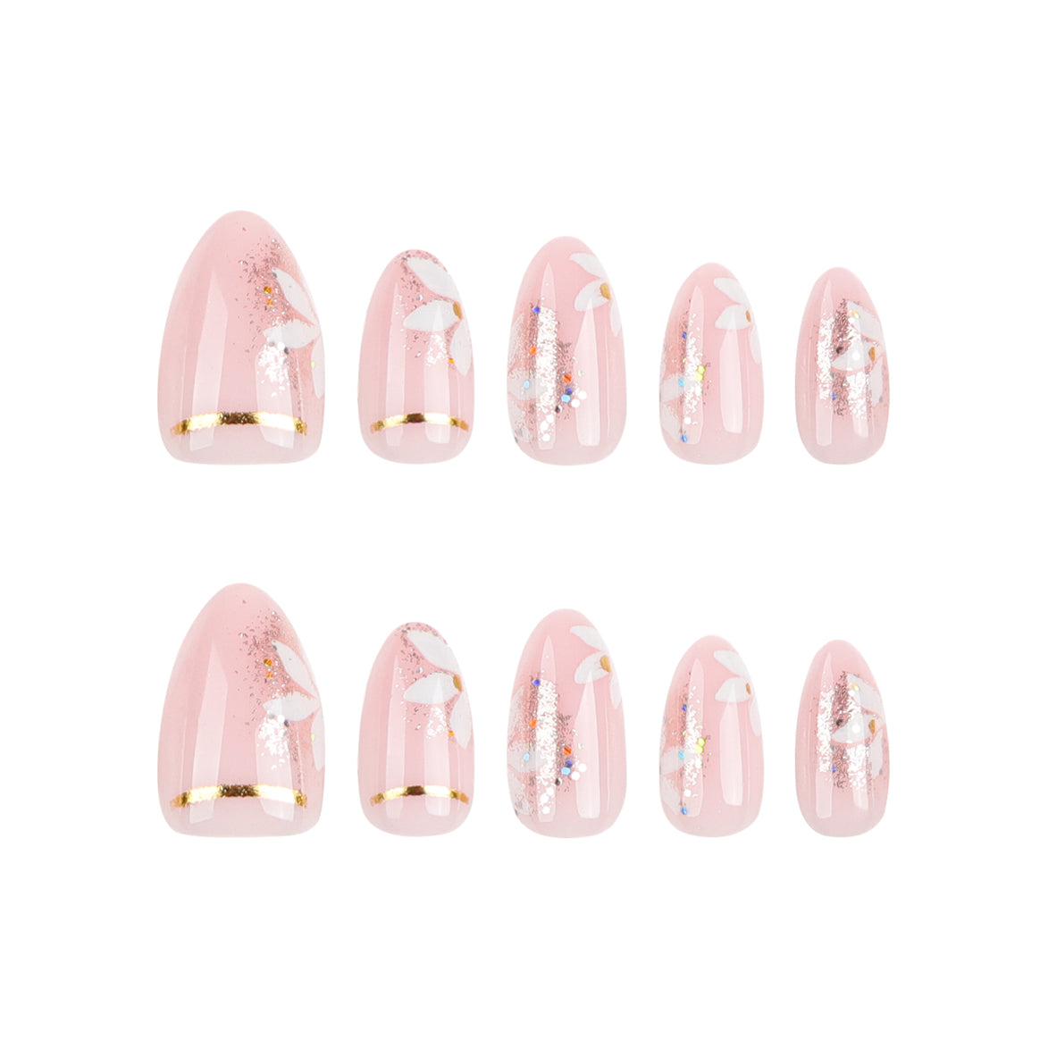 Baby Pink Butterfly Silver Glitter Gold Stripe Press-On Nails