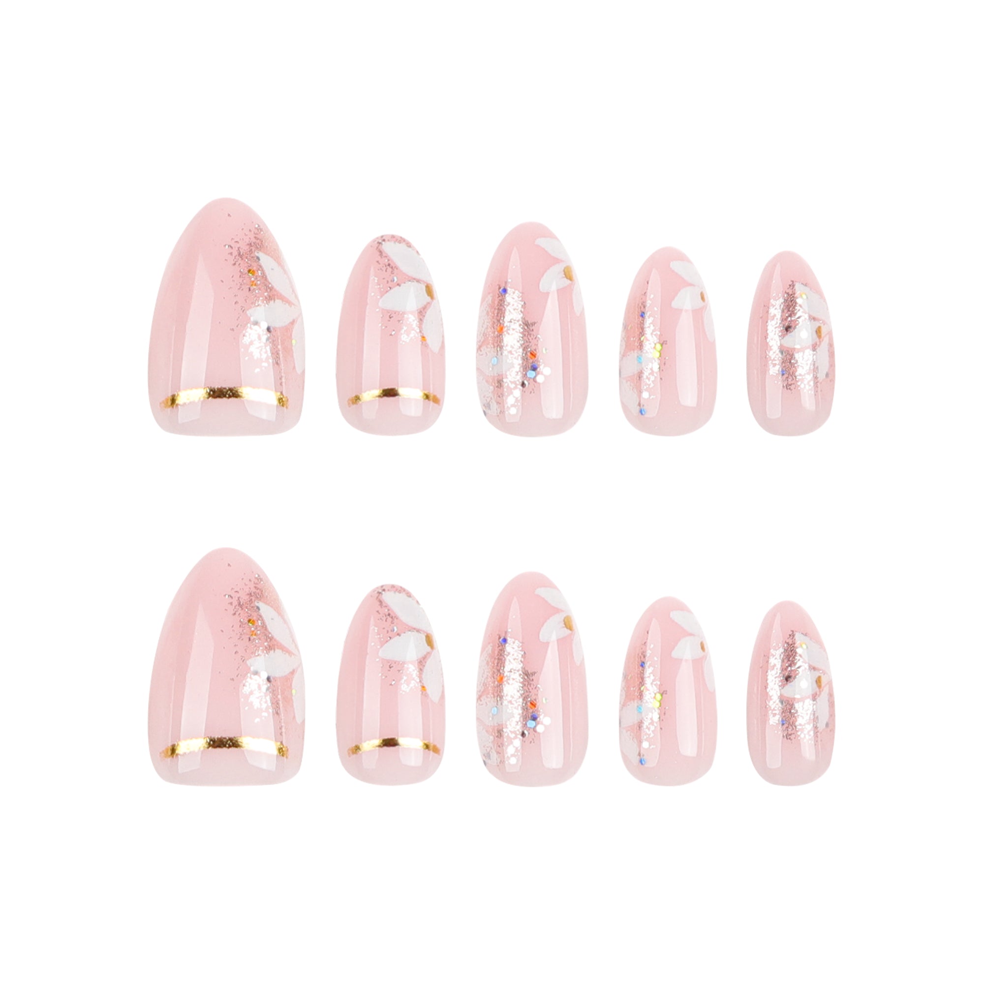Baby Pink Butterfly Silver Glitter Gold Stripe Press-On Nails
