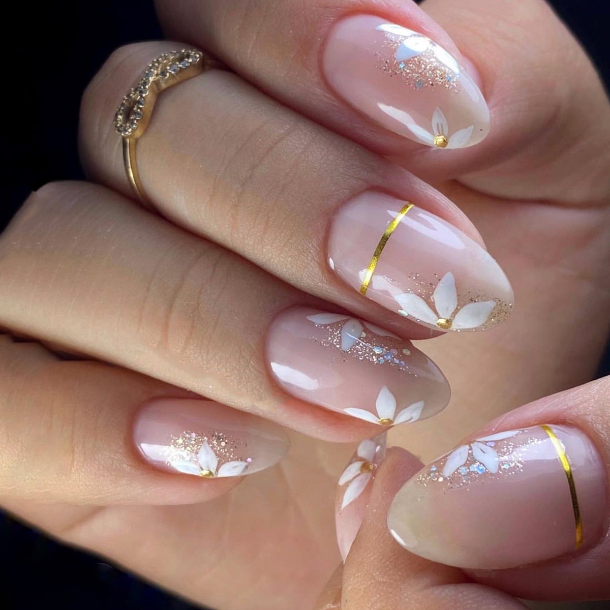 Baby Pink Butterfly Silver Glitter Gold Stripe Press-On Nails