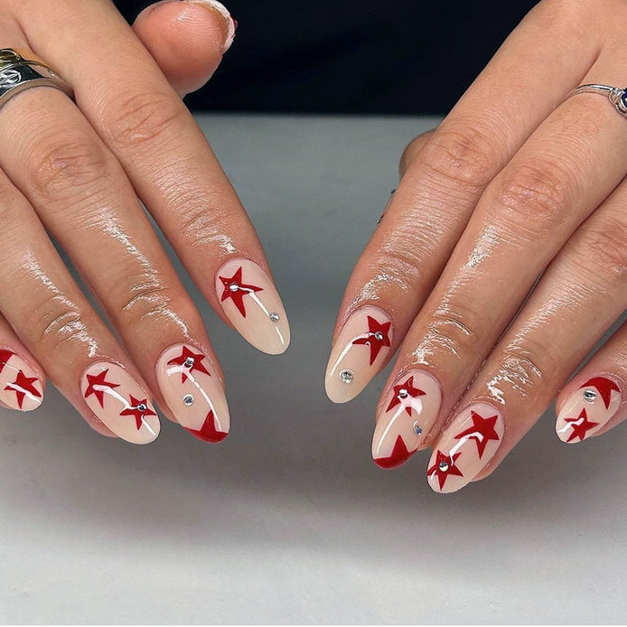 Nude Cream Red Star Crystal Accent Press-On Nails