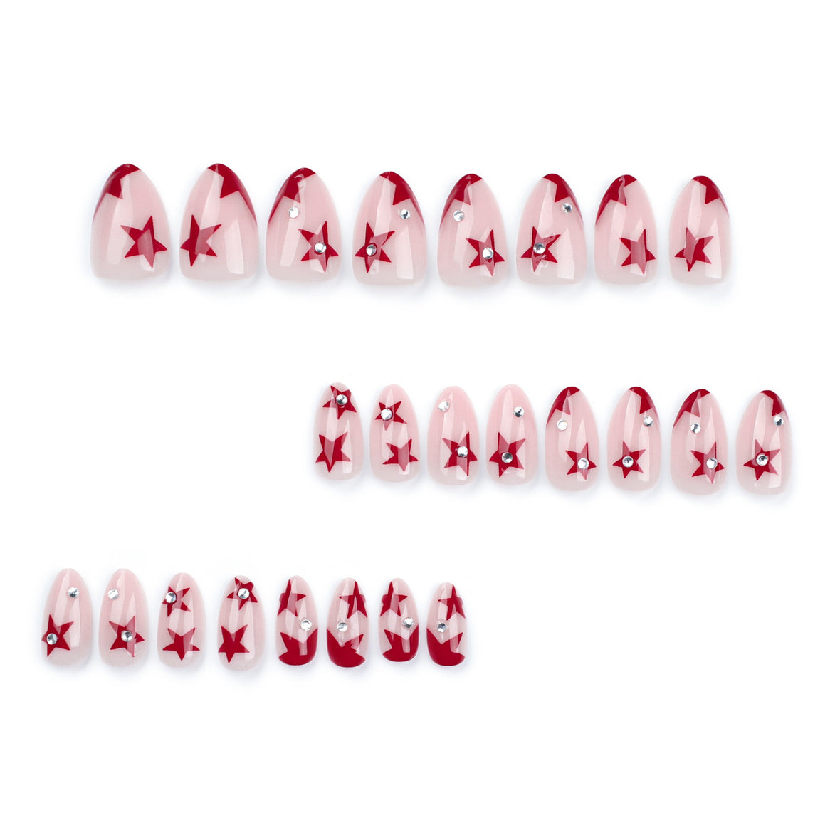 Nude Cream Red Star Crystal Accent Press-On Nails