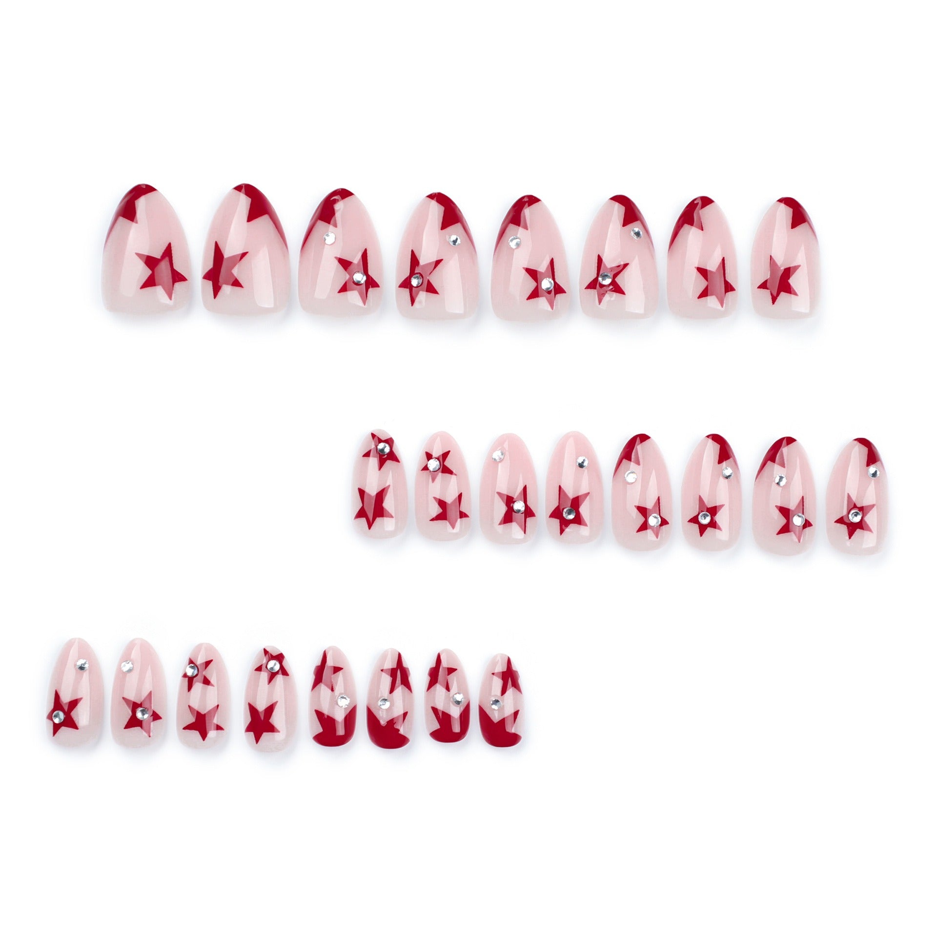 Nude Cream Red Star Crystal Accent Press-On Nails