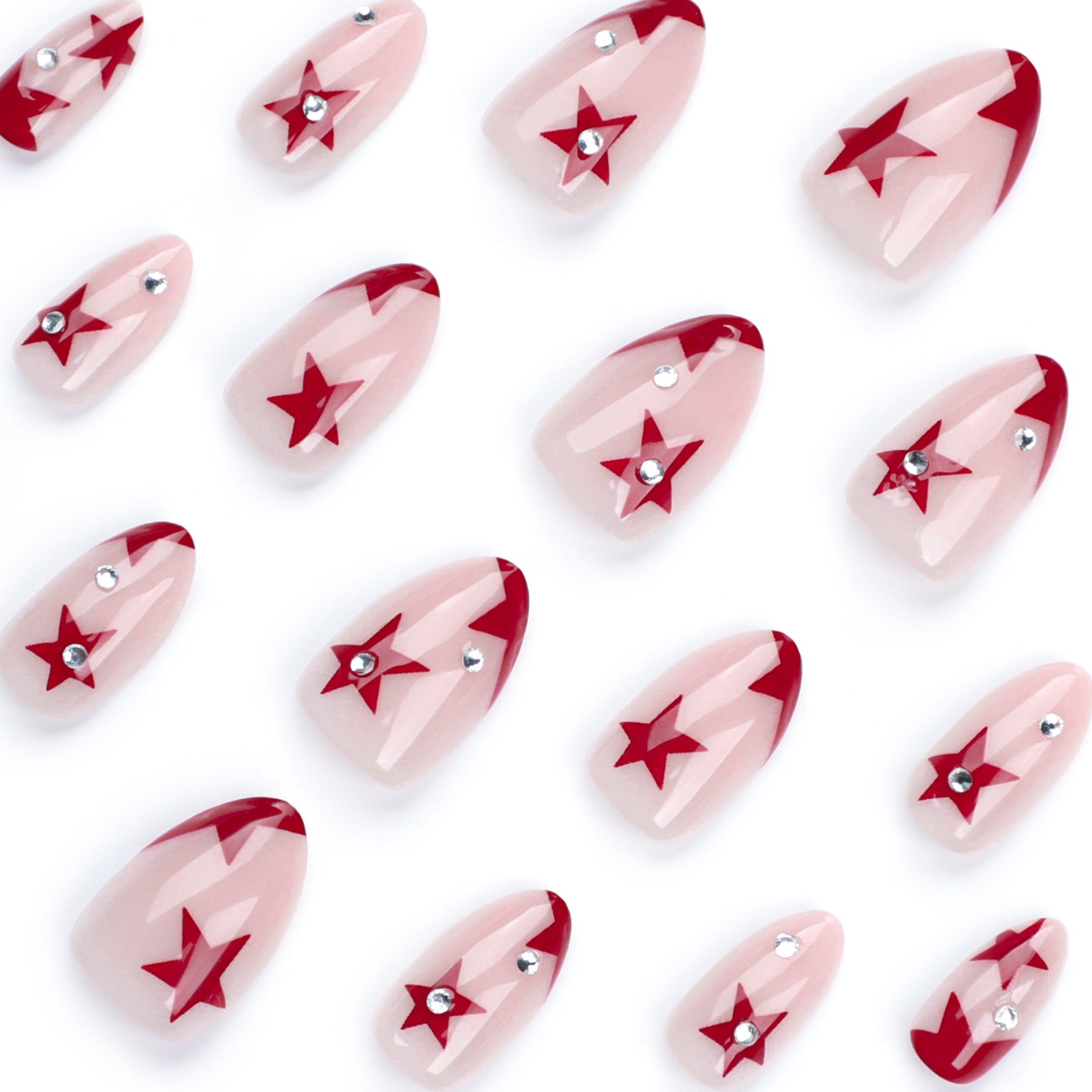 Nude Cream Red Star Crystal Accent Press-On Nails