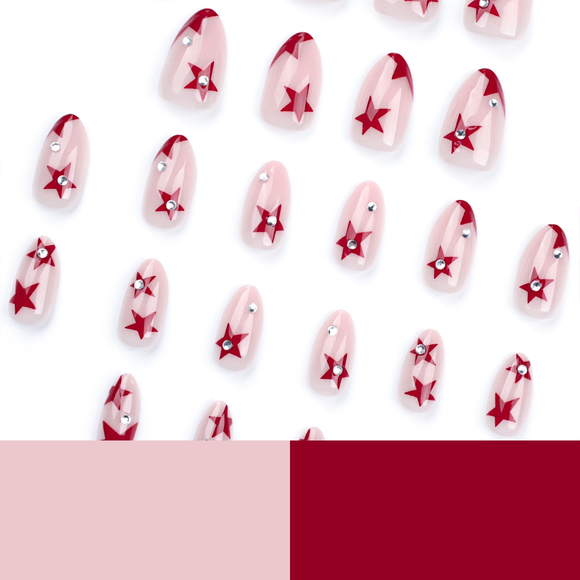 Nude Cream Red Star Crystal Accent Press-On Nails