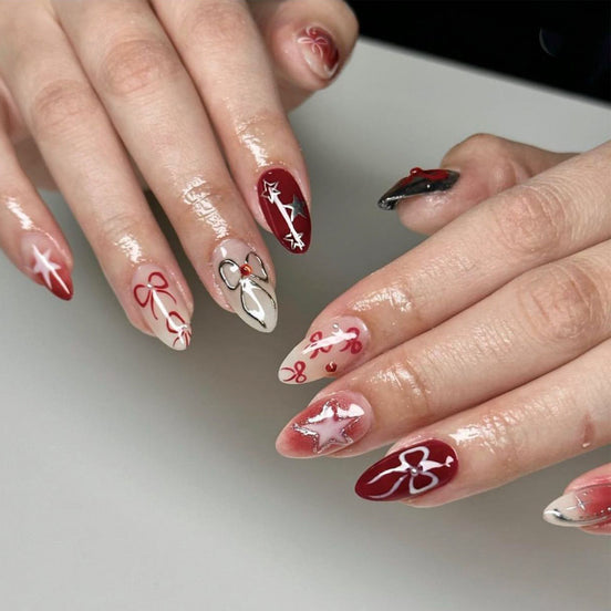 Deep Red Cherry Bow Star Mix Press-On Nails
