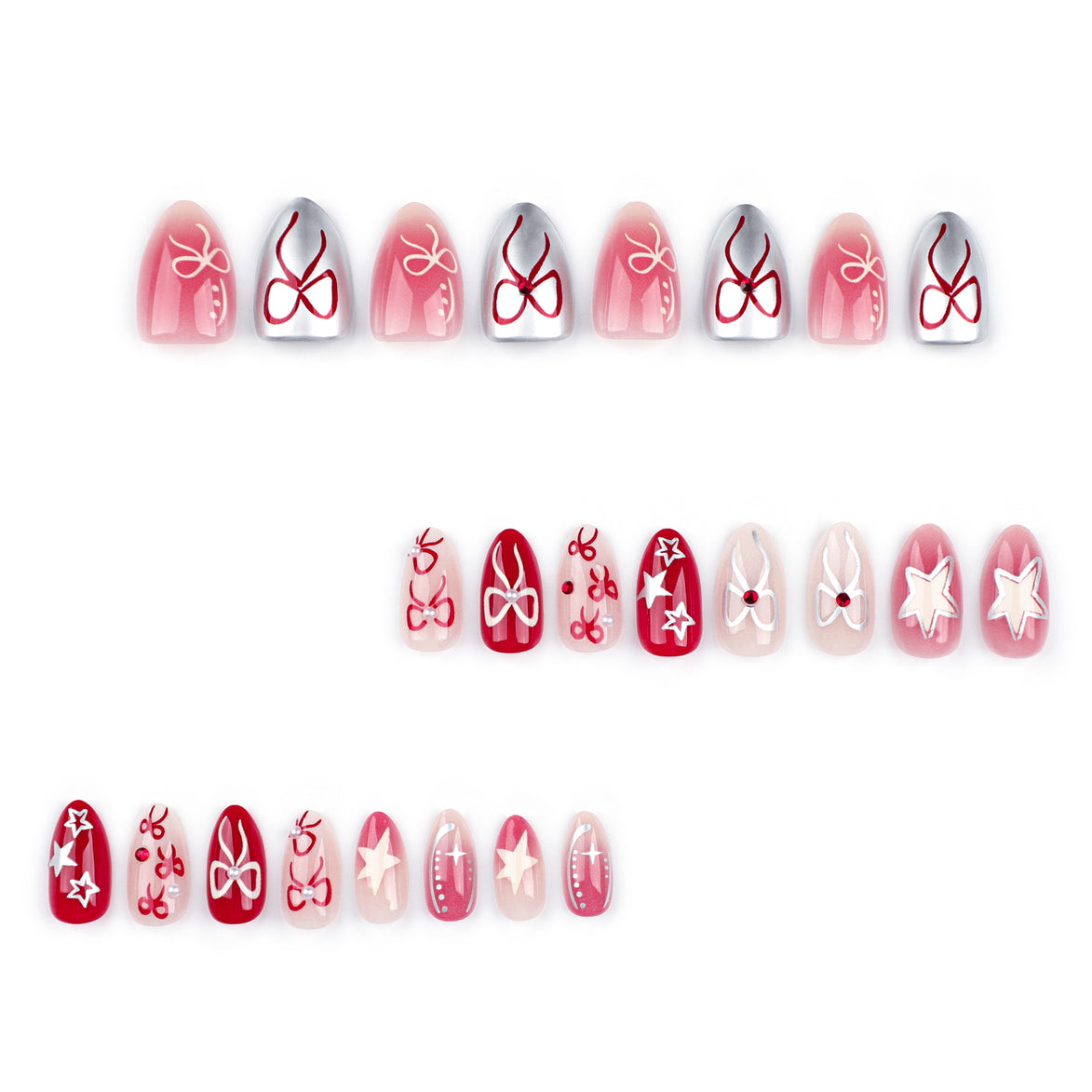 Deep Red Cherry Bow Star Mix Press-On Nails